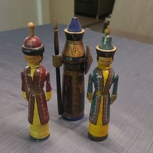 Artisan Wooden Figurine Trio - Red, Blue, Yellow Perhaps Kazak Or Mongolian